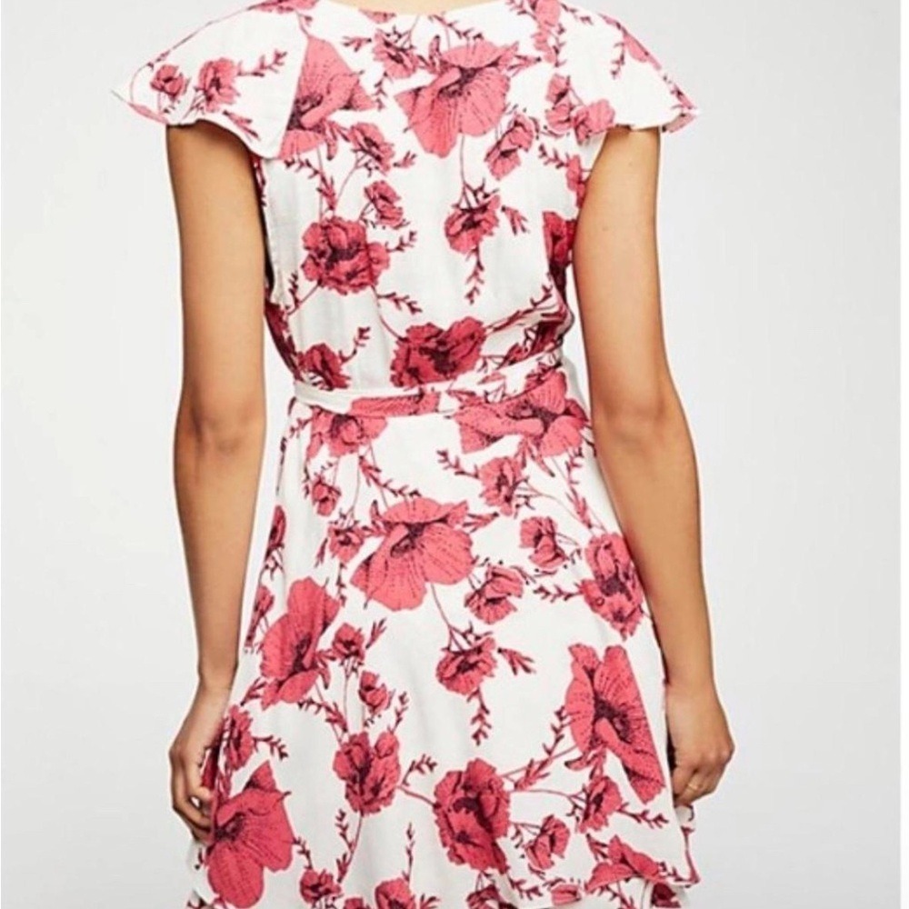 Free People Floral Ruffle Wrap Mini Dress Cream Pink Cap Sleeve Size S‎ - Picture 2 of 8